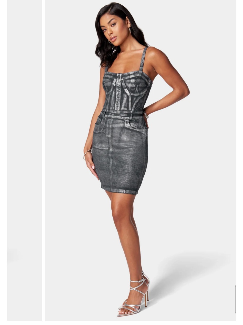 Bebe Fitted Foiled Denim Mini Dress. Edgy Silhouette. Accentuates Curves. 
Sz 8.